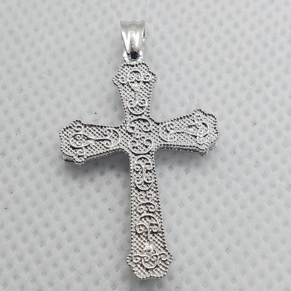 Sterling Silver 925 Rhodium Plated Heart Center Cross Pendant - Picture 7 of 7